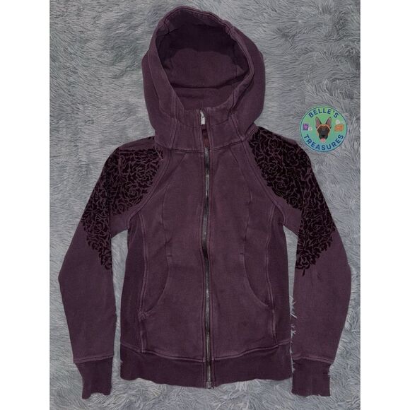 Lululemon Womens Purple Scuba Hoodie‎ Full Zip Velvet Floral Sz 2 Flowers Unique - Picture 15 of 16
